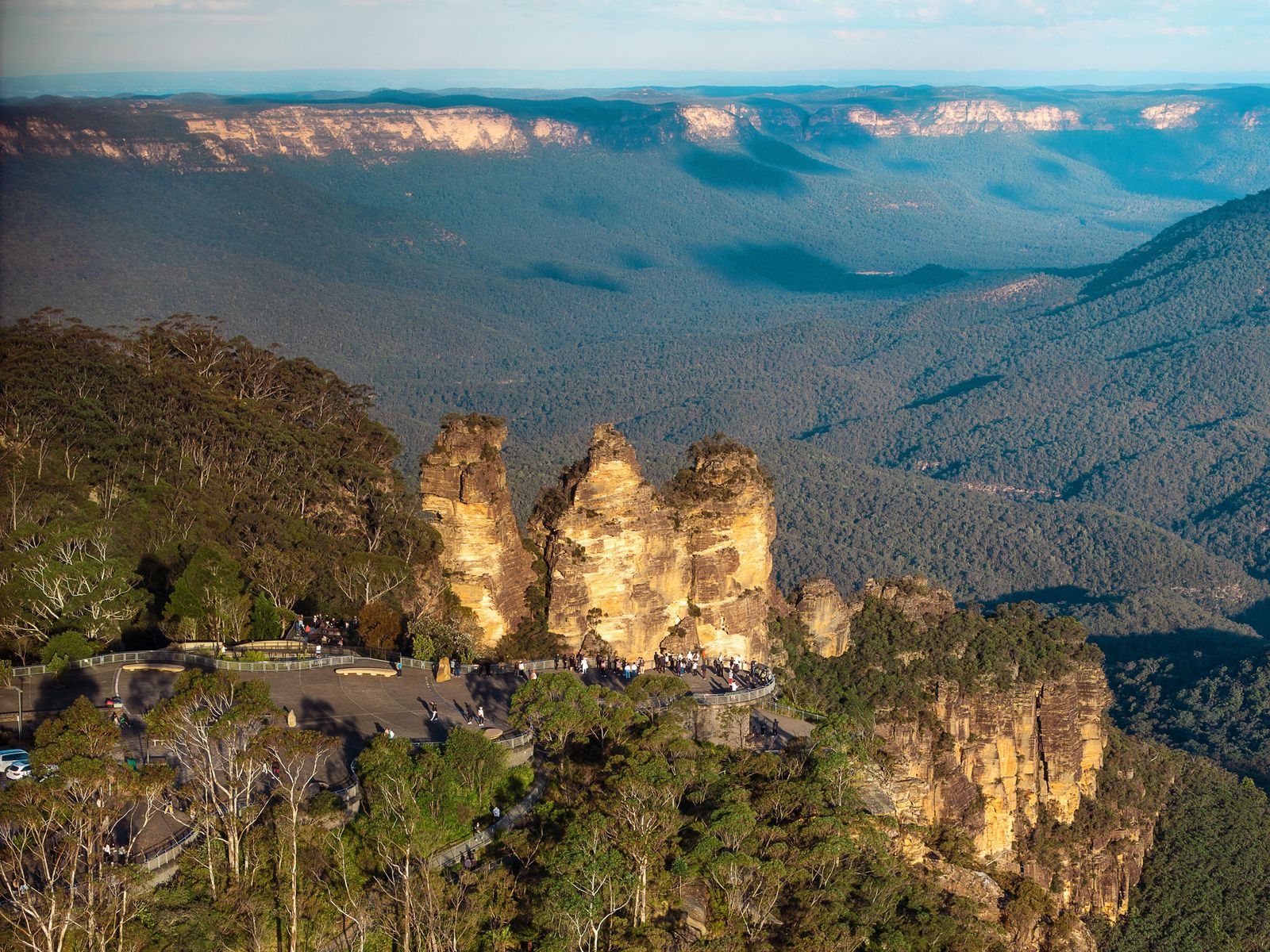 Aerial view of the Three Sisters and the Jamison Valley. Photo: Tourism Australia