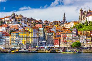 View of the old city skyline in Porto from the Douro River