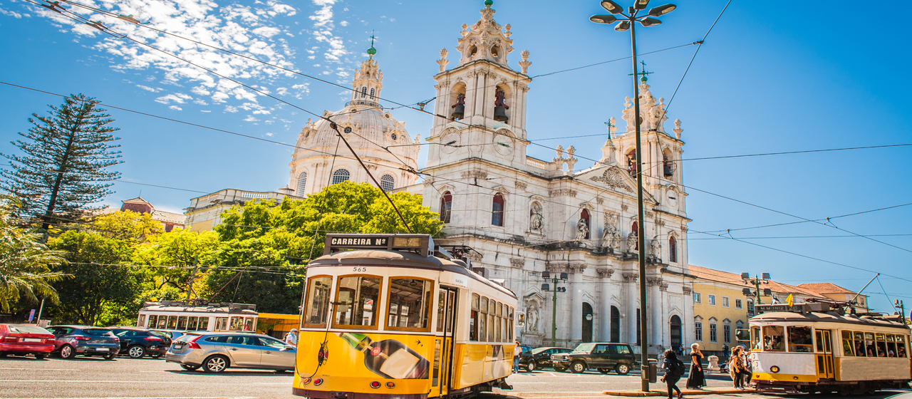 Iconic yellow trams in Lisbon