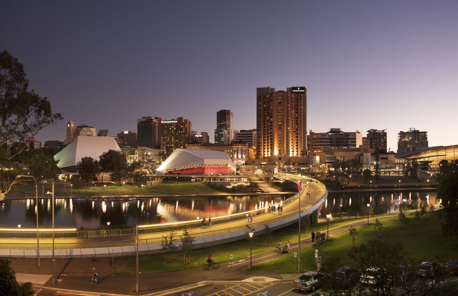 Adelaide skyline and the River Torrens at dusk. Photo: South Australian Tourism Commission
