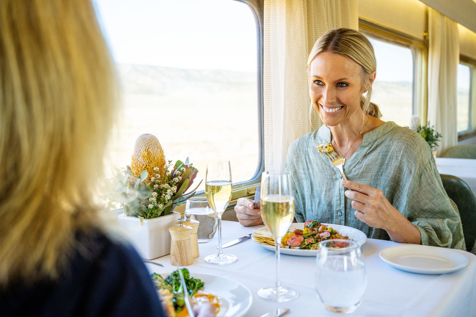 Lunch served in the restaurant carriage on The Ghan. Photo: Tourism Australia
