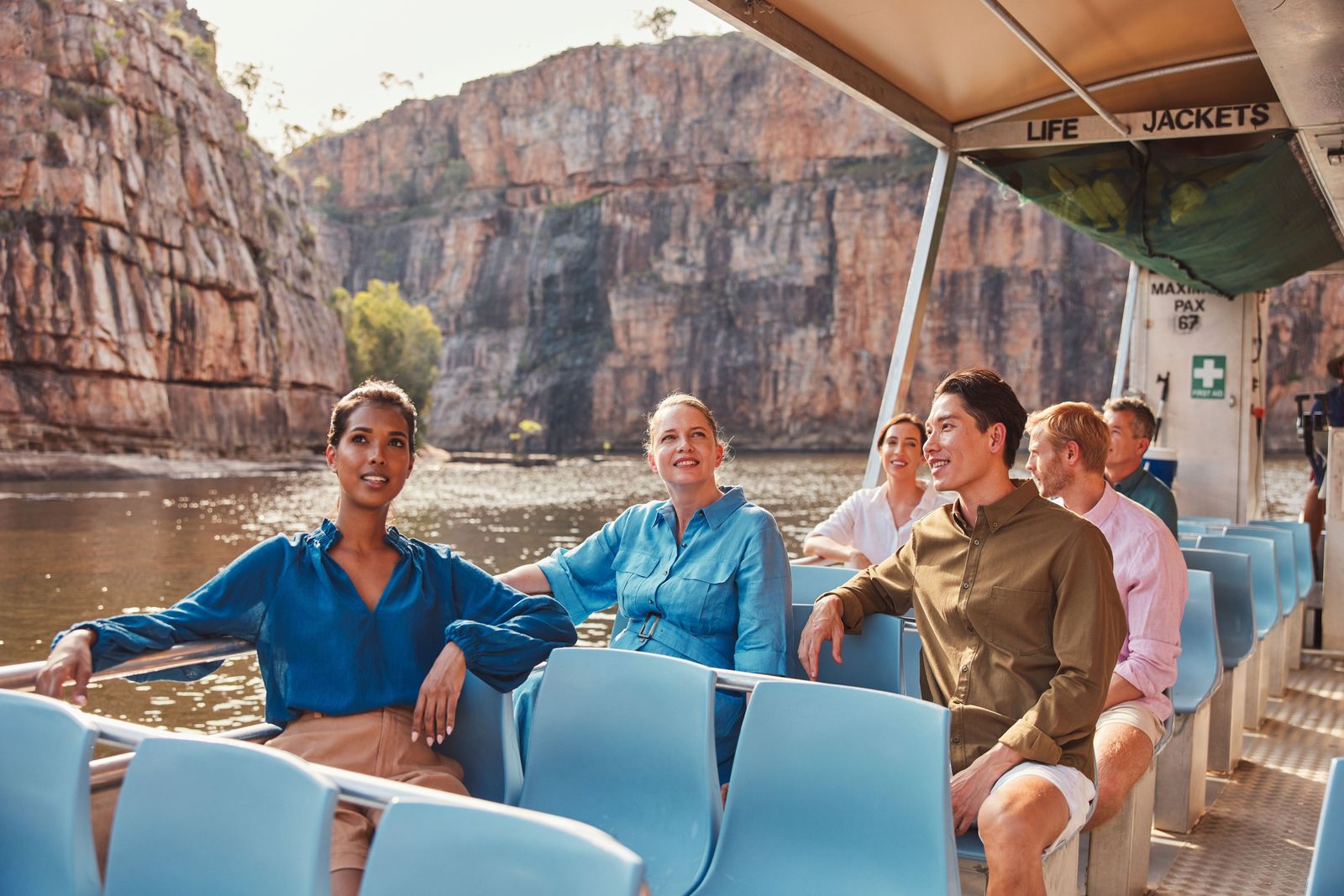 Guests on a boat cruise through Nitmiluk Gorge. Photo: Tourism Australia / Tourism NT