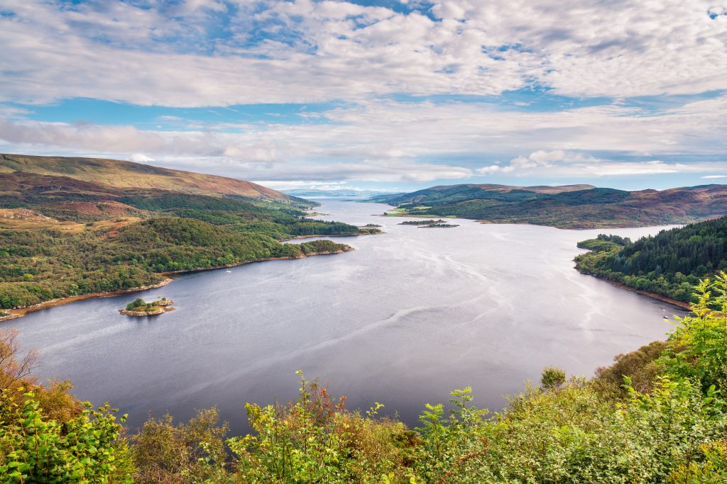 Loch Riddon and Isle of Bute, in the Kyles of Bute, also known as Argyll's Secret Coast, in the Firth of Clyde seen here looking down the eastern Kyle