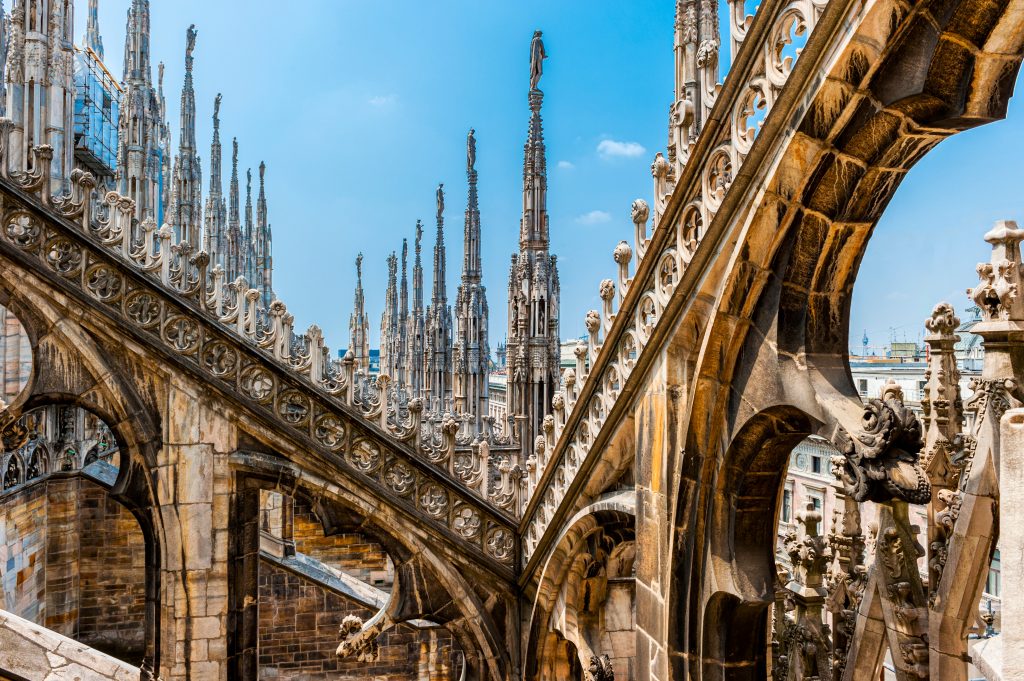 The Ornate roof top of the Duomo in Milan, Italy