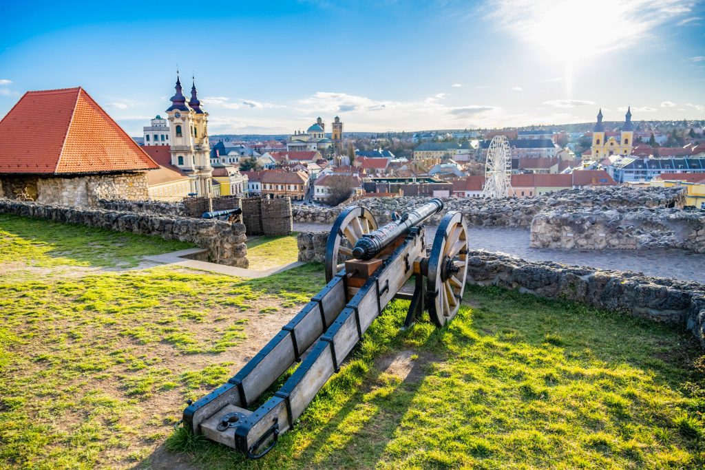 Eger, Hungary, view over medieval Old town from the historical fortress on sunset