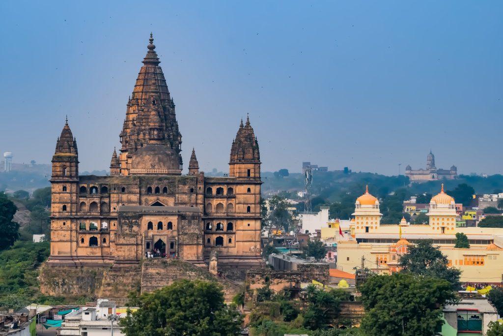 Beautiful view of Orchha Palace Fort, Raja Mahal and chaturbhuj temple from jahangir mahal, Orchha, Madhya Pradesh, Jahangir Mahal (Orchha Fort) in Orchha, Madhya Pradesh, Indian archaeological sites