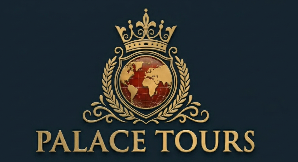 Gold Palace Tours logo with globe, crown, and laurel wreath on dark blue background.