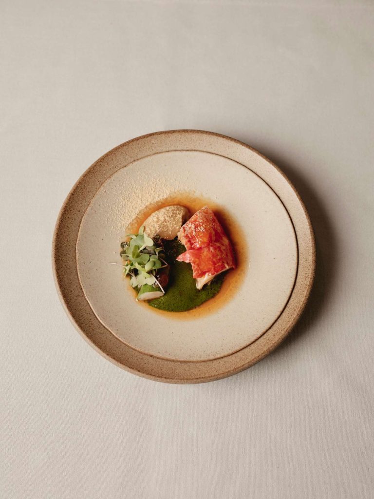 Overhead shot of a lobster dish with green sauce, foam, and microgreens on a speckled ceramic plate.