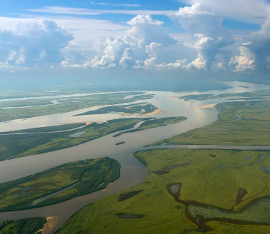 Aerial view shows a wide river delta with green land, sandbars, and cloudy sky.