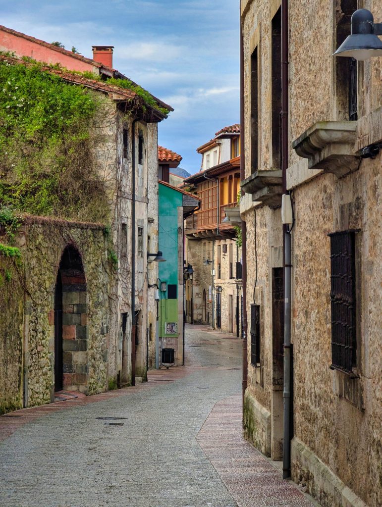 Narrow cobblestone street lined with old stone buildings, some covered in vines, under a cloudy sky.