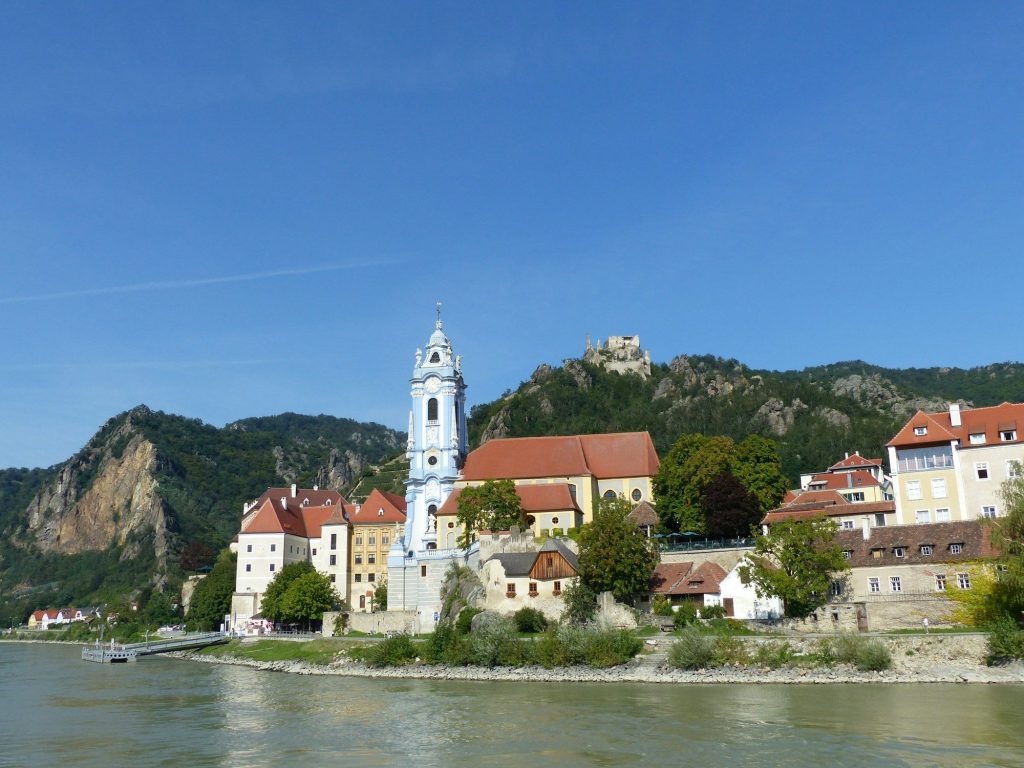 The blue-and-white abbey tower of Dürnstein on the Danube