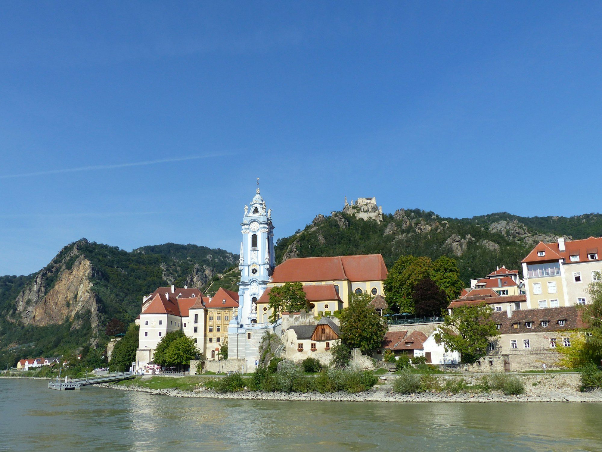 The blue-and-white abbey tower of Dürnstein on the Danube