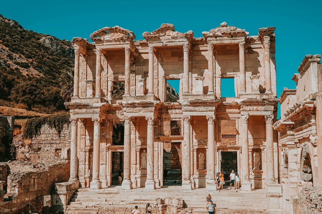 The marble facade of the Library of Celsus in the ancient city of Ephesus near Izmir, Turkey.
