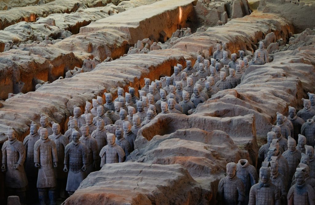 Rows of terracotta warriors in Xi'an, China